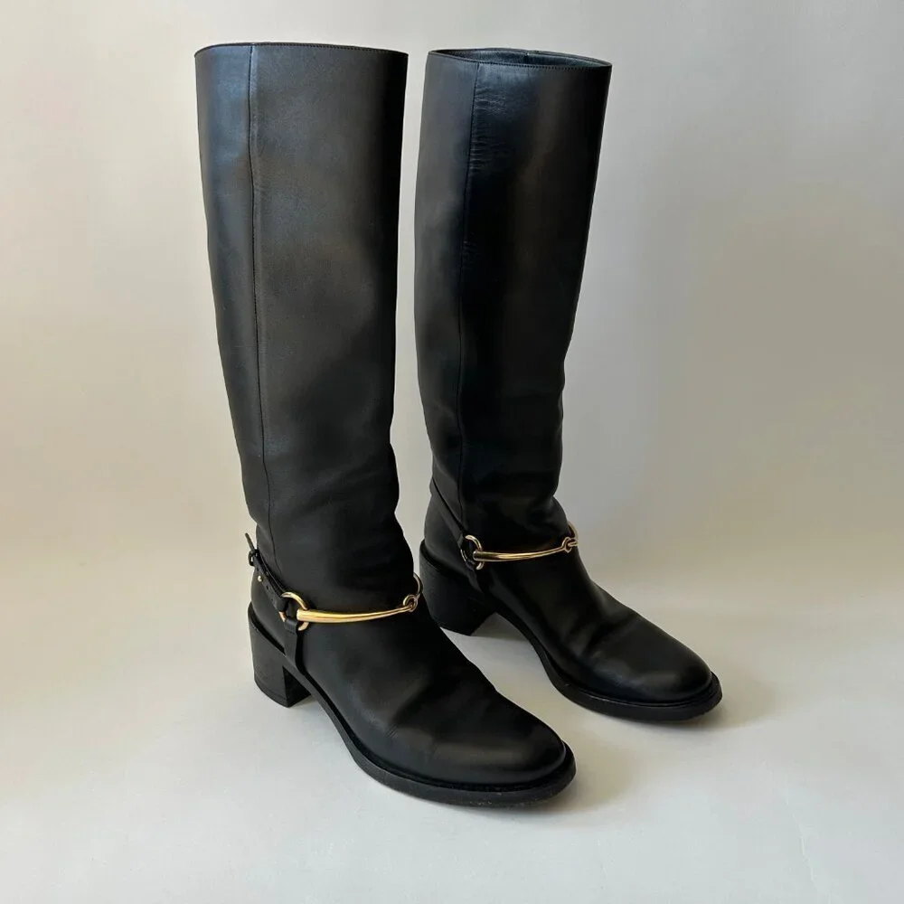 GUCCI BLACK LEATHER HORSEBIT TESS TALL BOOTS - Picture 2 of 9